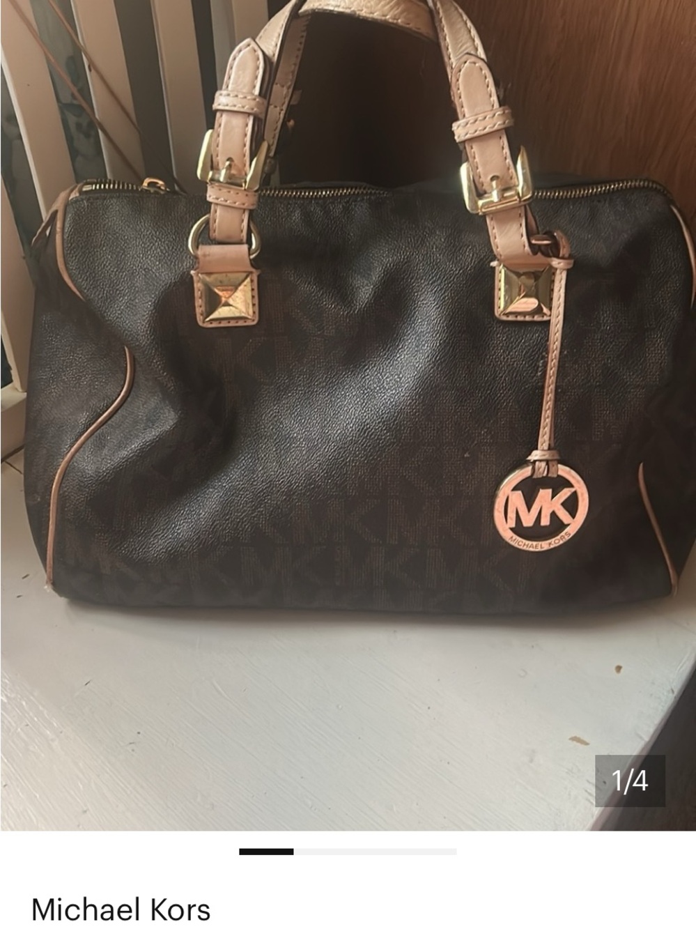 Michael Kors Brown Logo Satchel with Tan Leather Trim